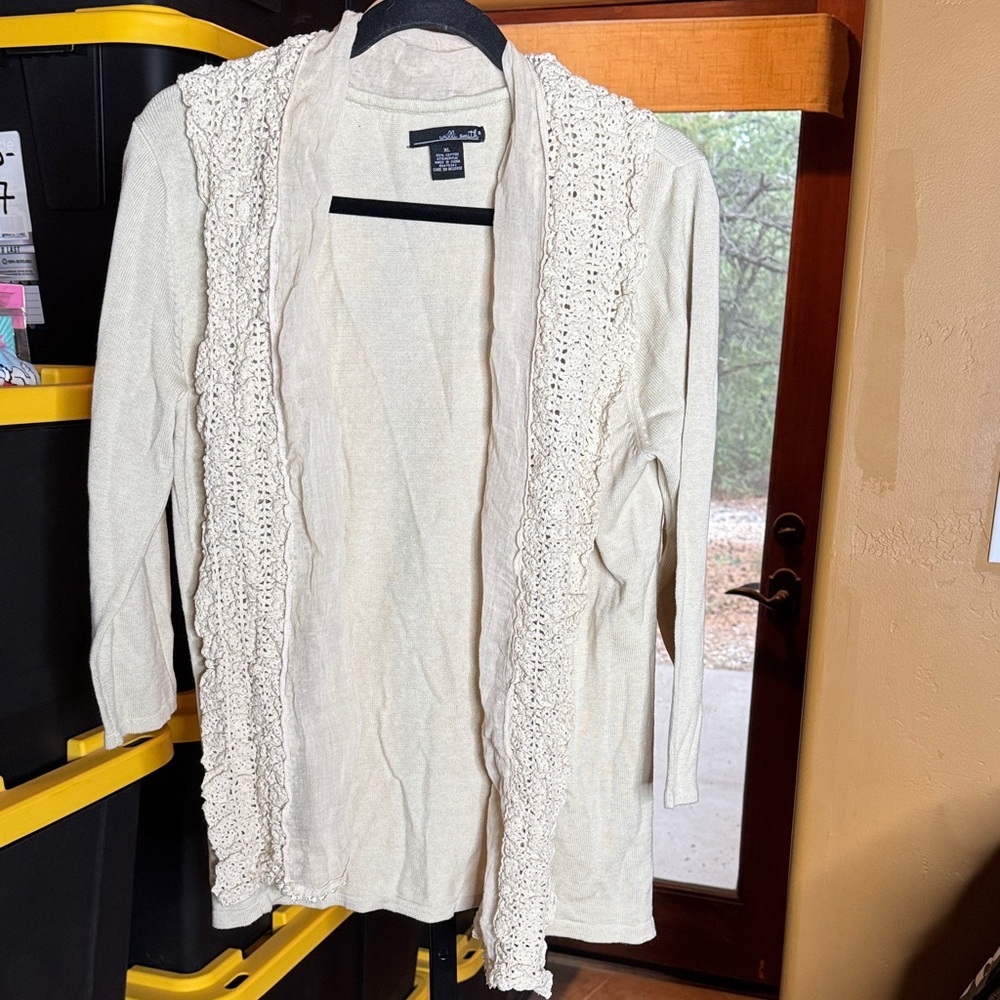 Willi Smith Cream Open-Front Cotton Blend Crochet Cardigan Size XL